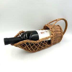 Vintage Wicker Wine Bottle Holder Natural Rattan Cane Caddy Pourer Boho Bar